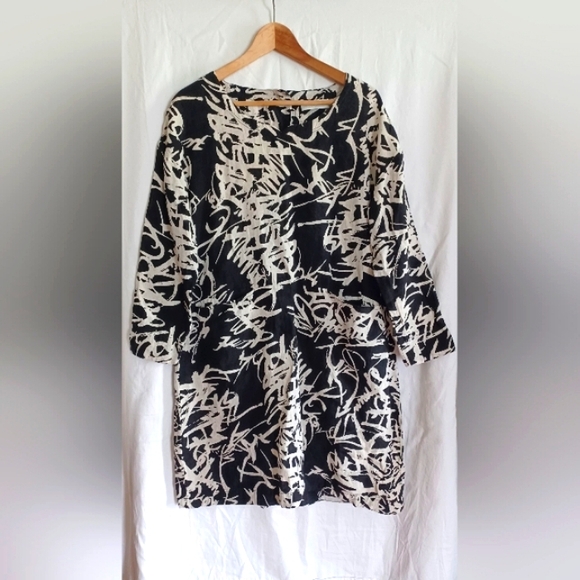NOEN 100% Linen Abstract Scribble Print Tunic Dress Size Large - Picture 4 of 12